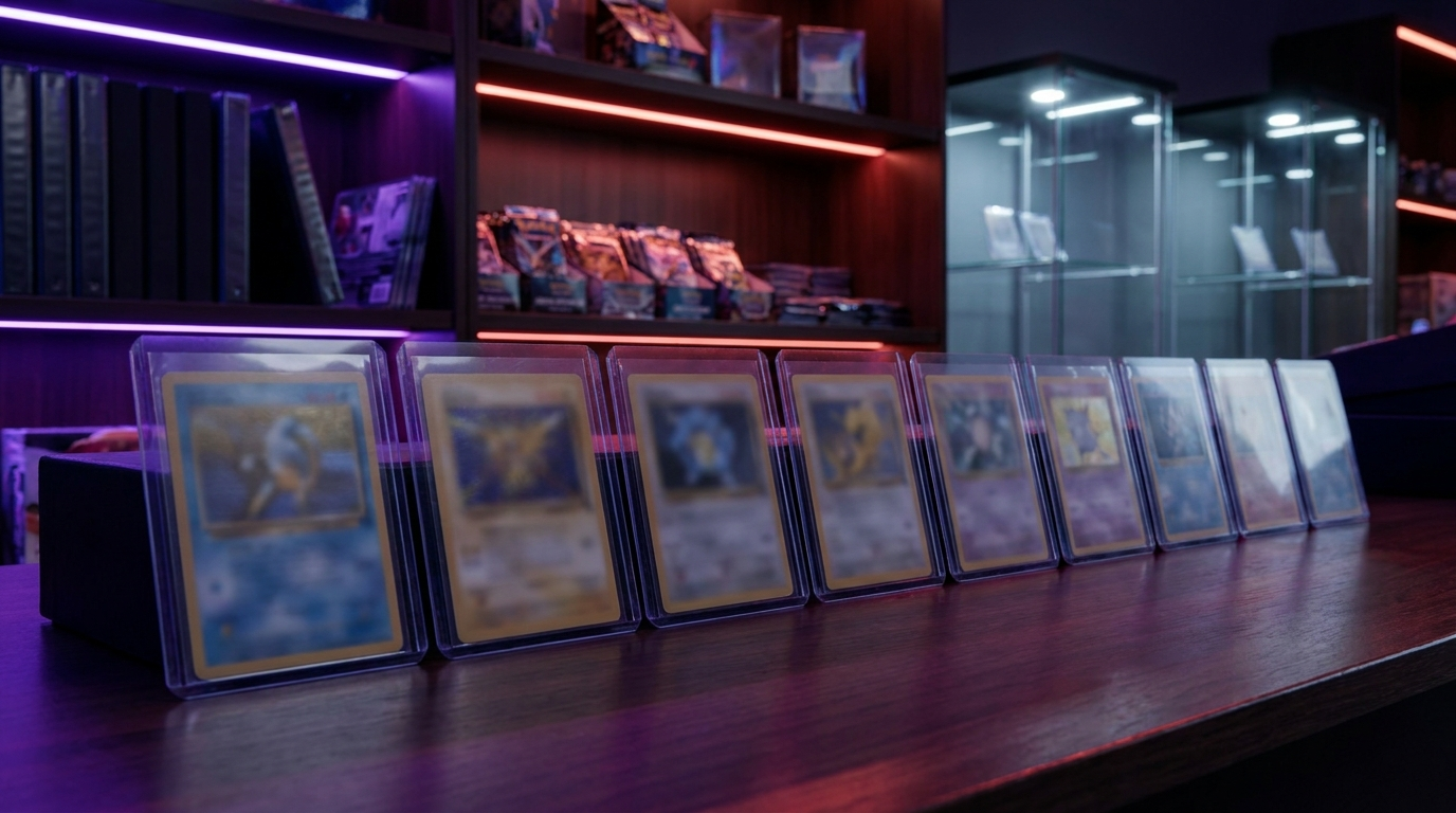 Notebook with handwritten sums next to trading cards and packs on a dark desk