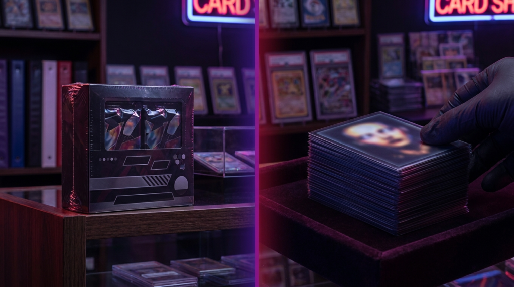 Sealed booster packs beside a binder of sleeved singles on a dark counter with purple neon glow