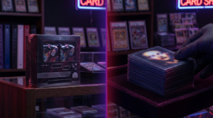 Sealed booster packs beside a binder of sleeved singles on a dark counter with purple neon glow