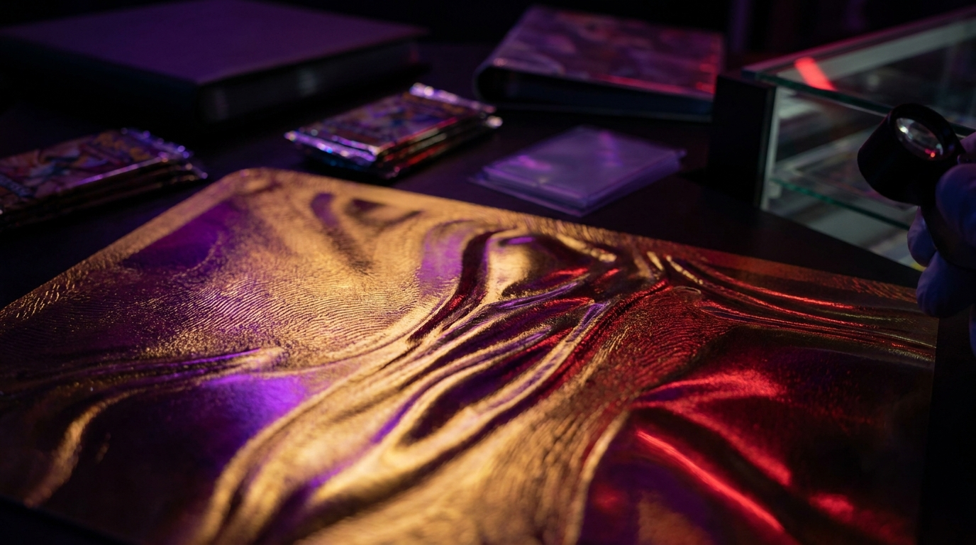 A single sparkling holographic trading card catching magenta light against a dark shop backdrop