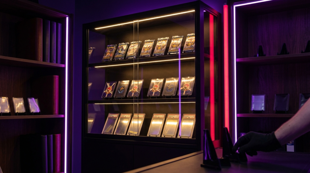 A fanned spread of glowing holographic trading cards on black velvet with purple and crimson neon reflections