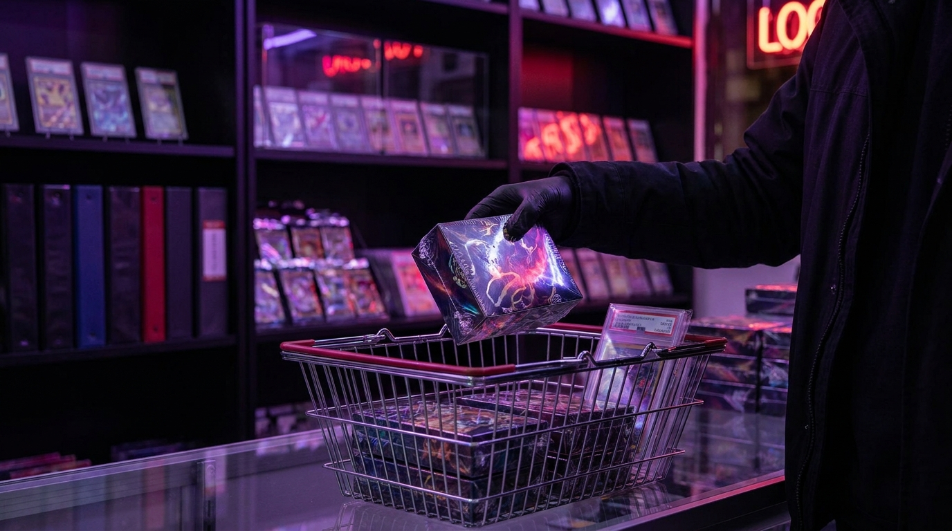 Three small stacks of sealed trading card products of increasing size on a dark surface under magenta glow