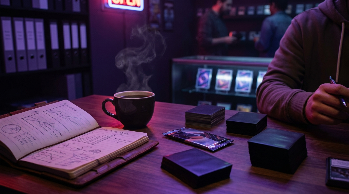 A hand writing a want list in a notebook beside sleeved trading cards and a sealed box in moody purple light