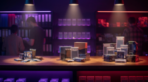 A collection of sealed trading card boxes, tins and sleeved cards arranged on a dark counter with purple and crimson neon lighting