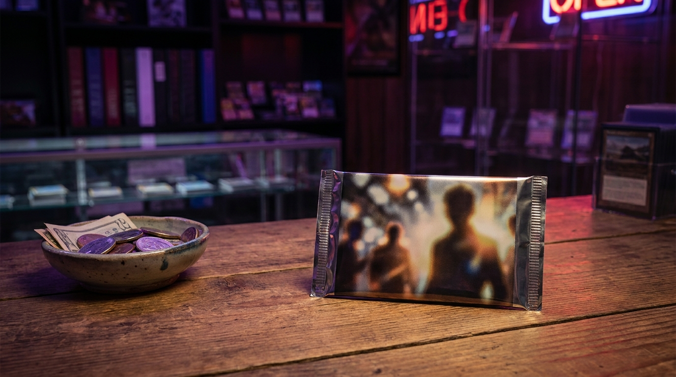 An open card binder page filled with sleeved trading cards, lit by soft magenta light in a dim room