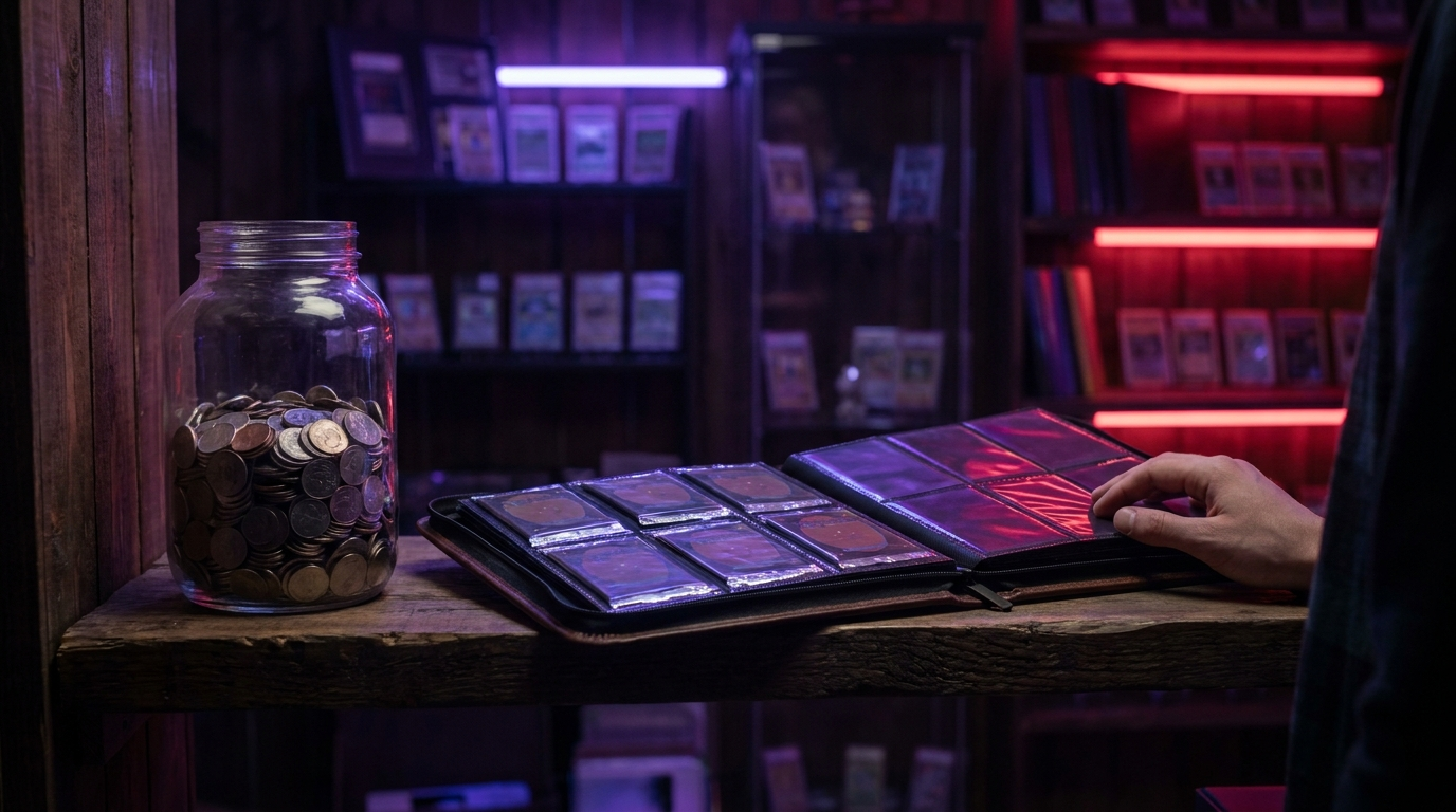 A hand placing a single sleeved trading card into a binder beside a notebook, under crimson accent lighting