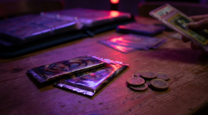 A small stack of sleeved trading cards next to a few coins on a dark desk with purple neon glow