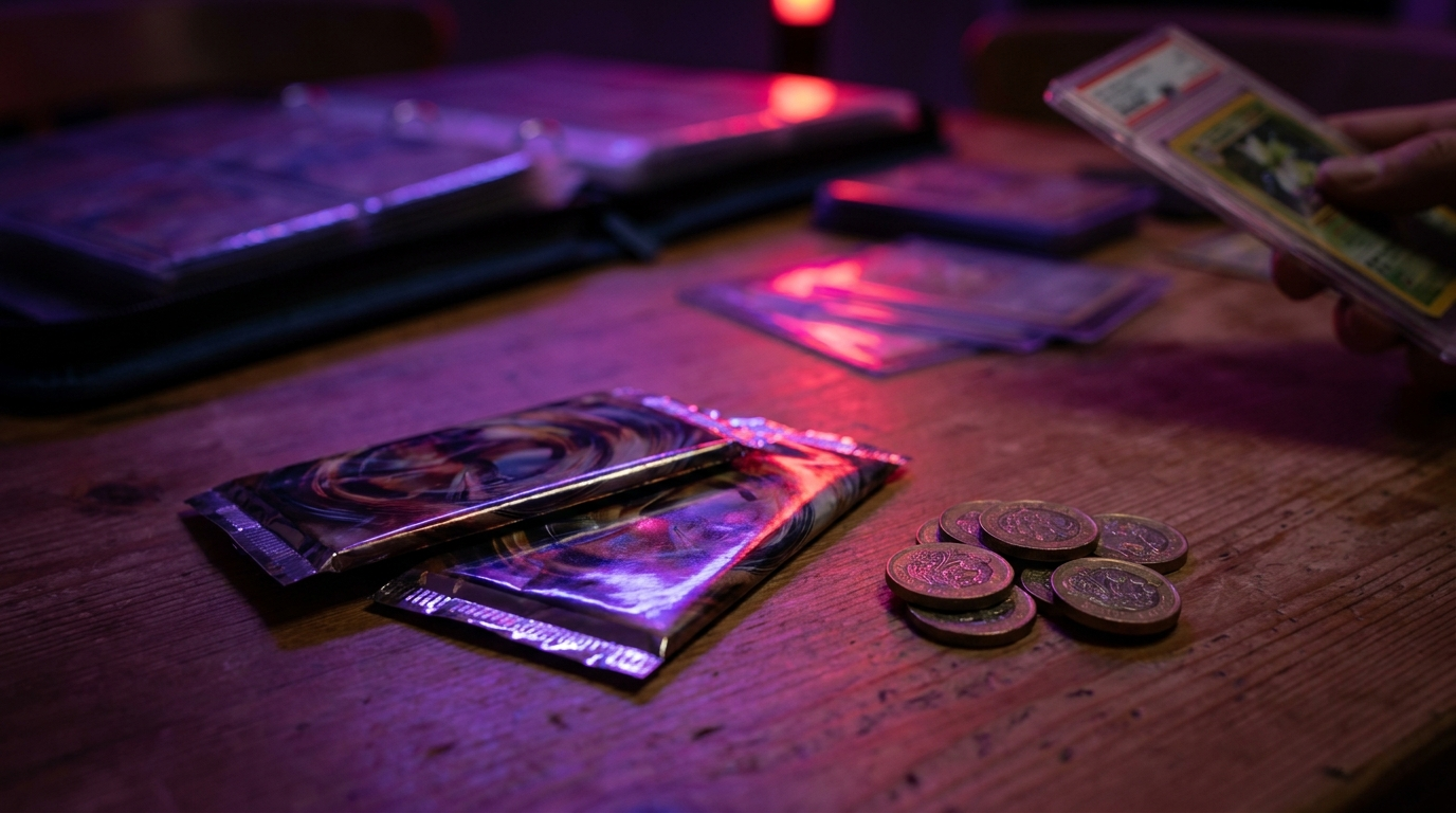 A small stack of sleeved trading cards next to a few coins on a dark desk with purple neon glow
