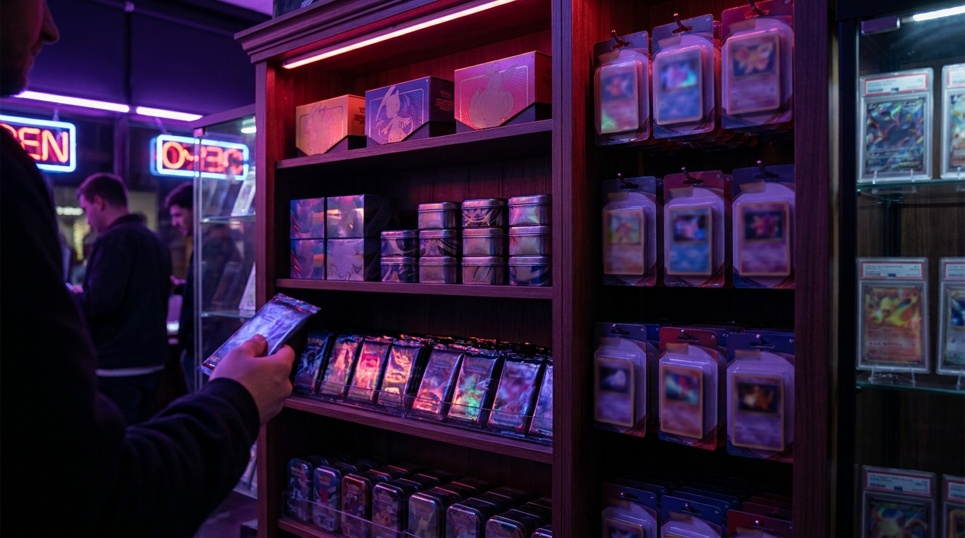 Rows of sleeved trading cards in a binder under moody purple lighting
