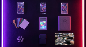 Open card binder and sealed packs on a dark counter lit with purple and magenta neon