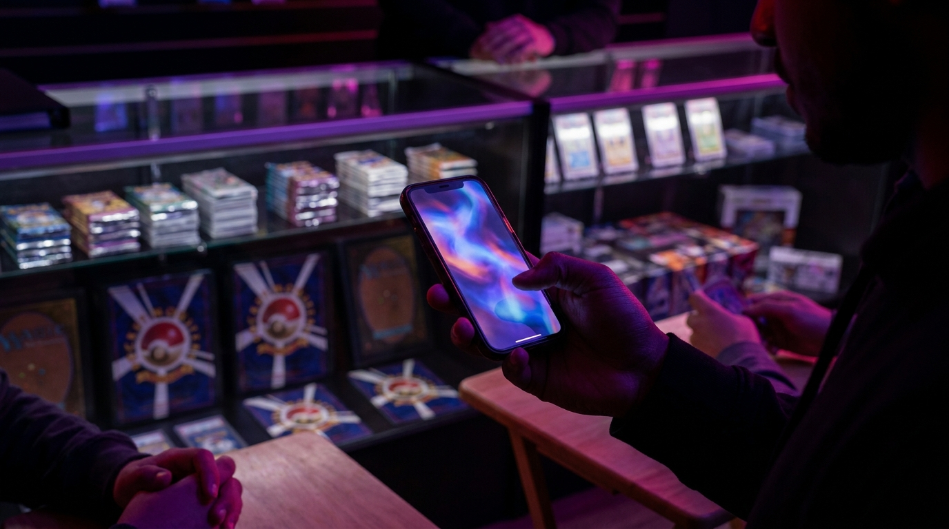 Hand holding a phone with a bright card-opening animation in a dimly lit room