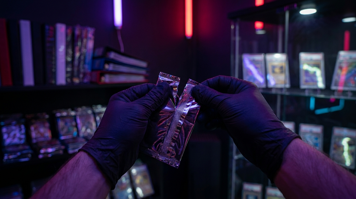 Sleeved trading cards and sealed packs arranged on a dark counter under crimson neon