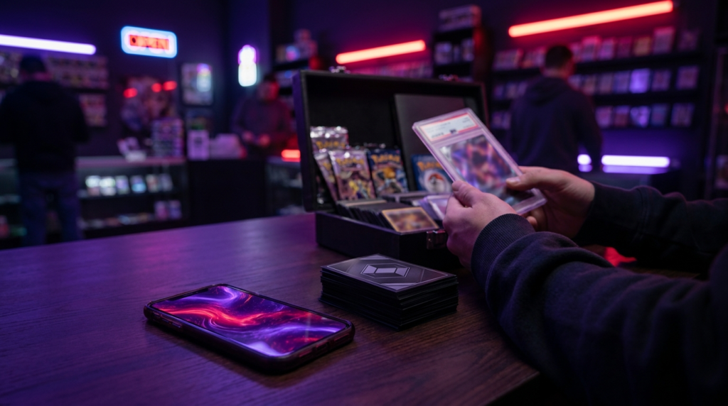Smartphone showing a glowing card pack animation beside real sealed packs on a dark desk with purple lighting