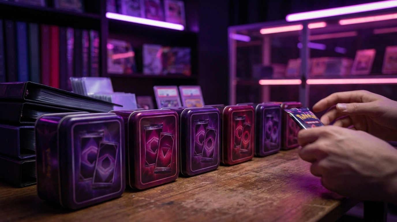 A tin being used to store sleeved trading cards, lid open, under moody purple neon lighting