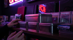 A stack of decorated card tins on a dark shop shelf glowing under purple and crimson neon light
