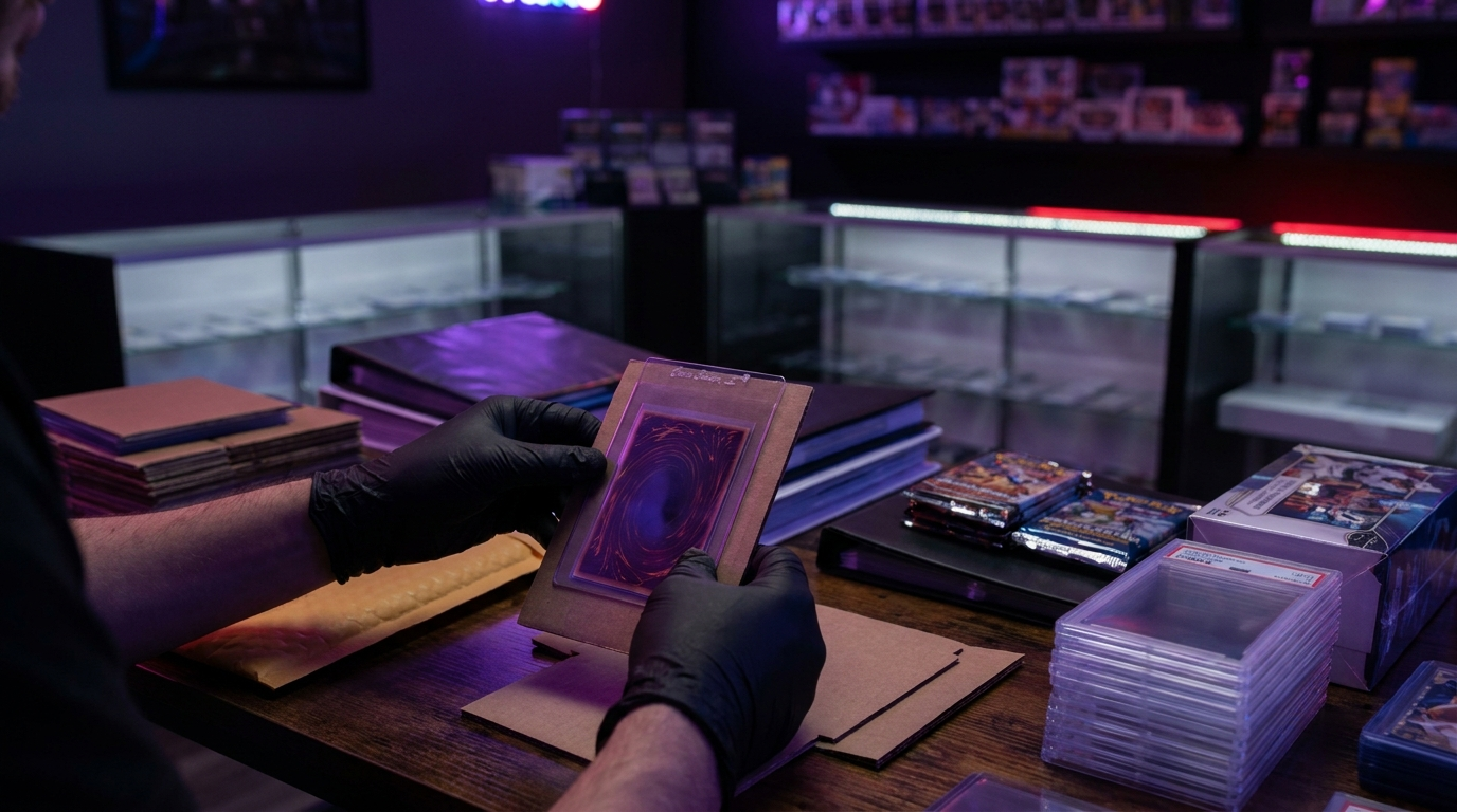 Sleeved trading cards laid out in two facing rows on a play mat under moody magenta lighting