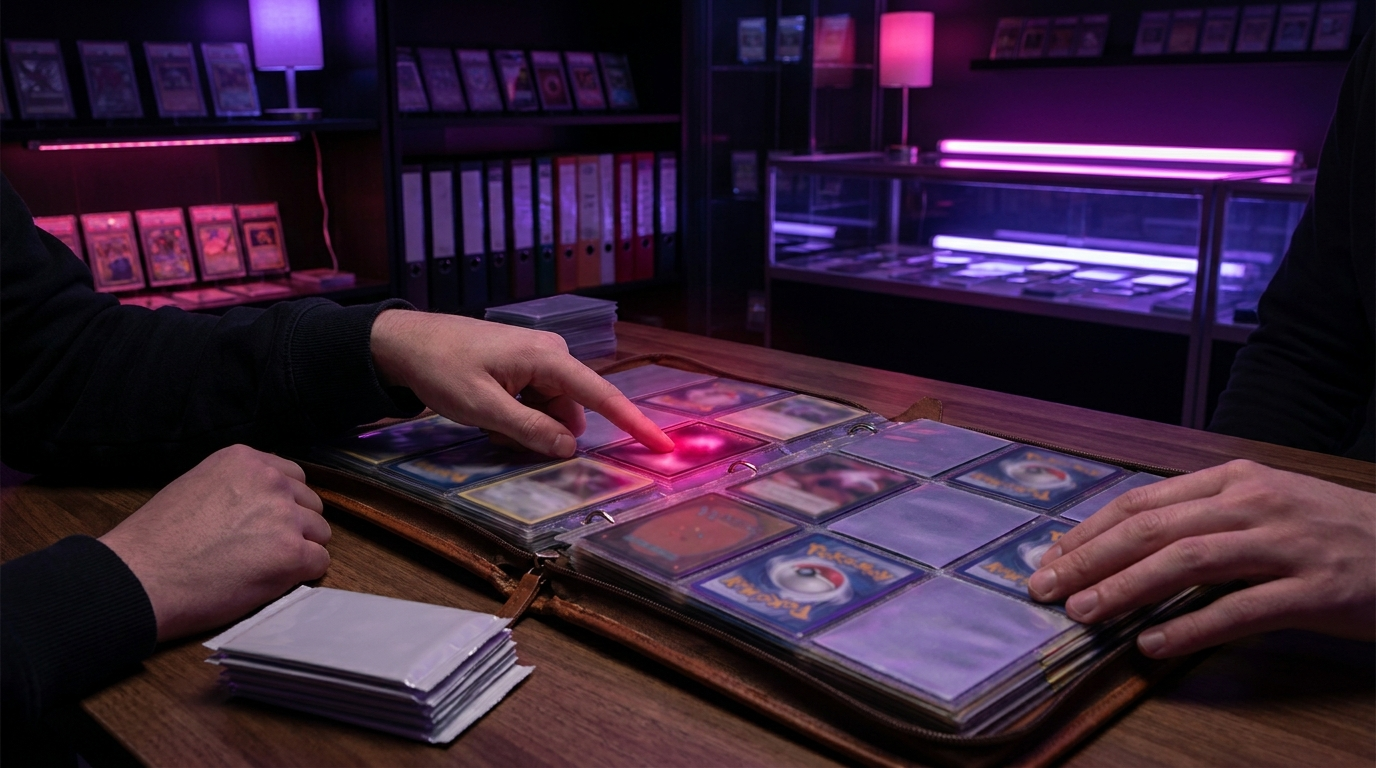 A trading card in a rigid holder beside a padded envelope and tracking slip on a dark desk with purple glow