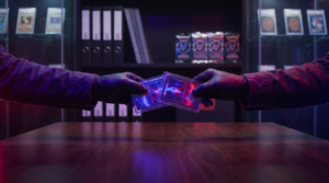 Two hands exchanging sleeved trading cards across a dark table lit by purple and crimson neon