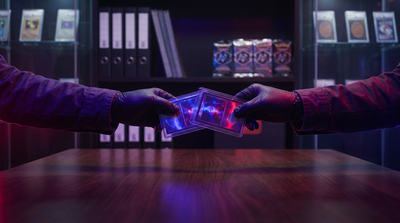 Two hands exchanging sleeved trading cards across a dark table lit by purple and crimson neon