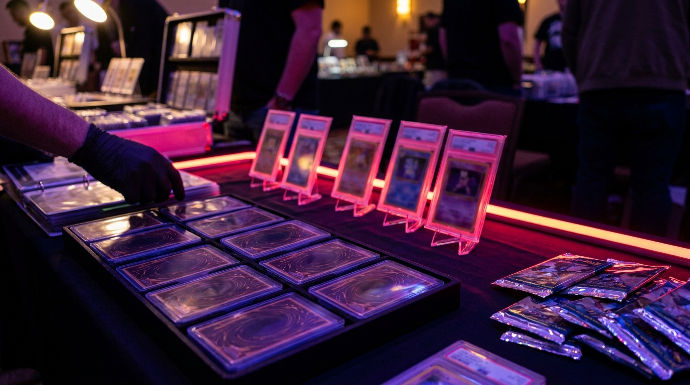 Display case full of graded card slabs at a trading card event under neon lighting
