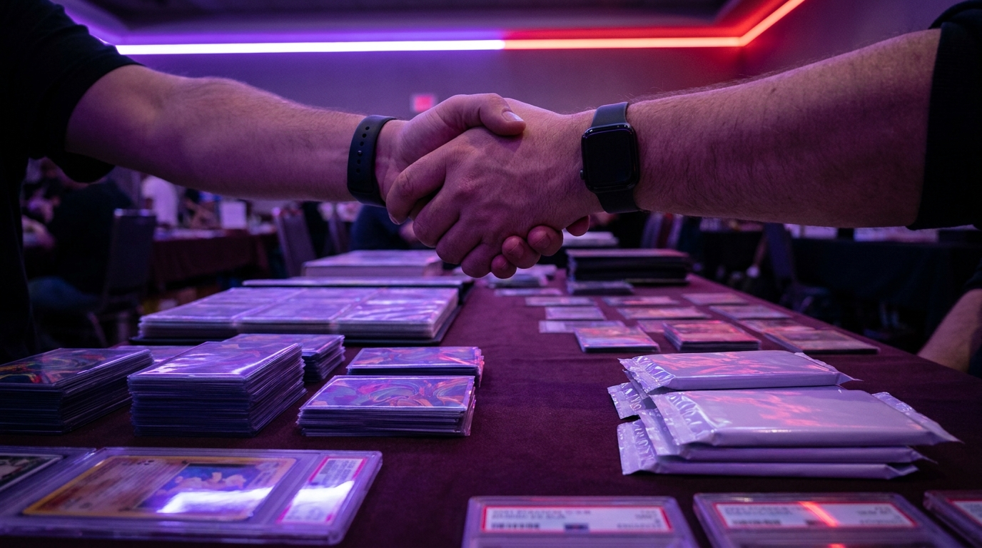 Two collectors trading cards over a table scattered with binders and sleeves