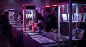 Busy card show hall with display cases of trading cards lit by purple and magenta accents