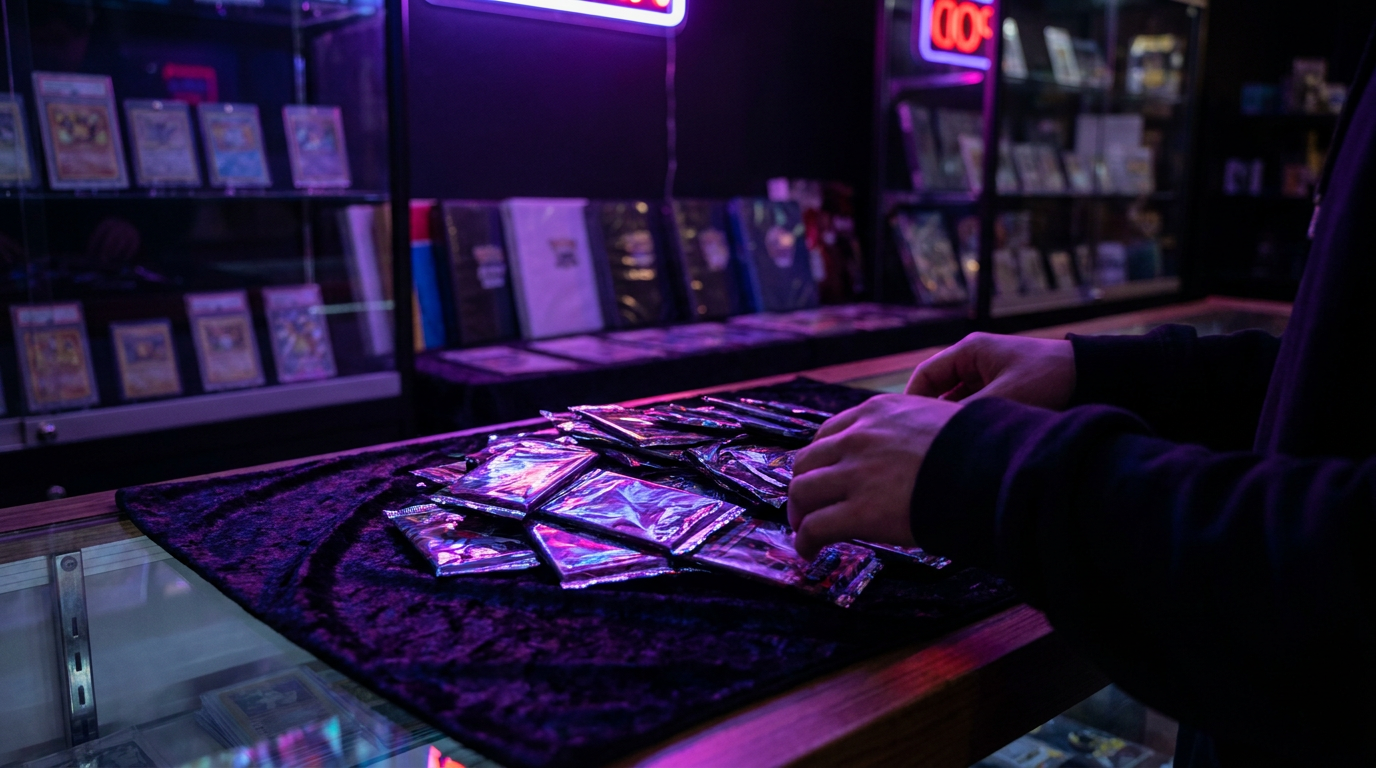 Glowing holographic trading card packs fanned out on a dark surface with crimson accent lighting