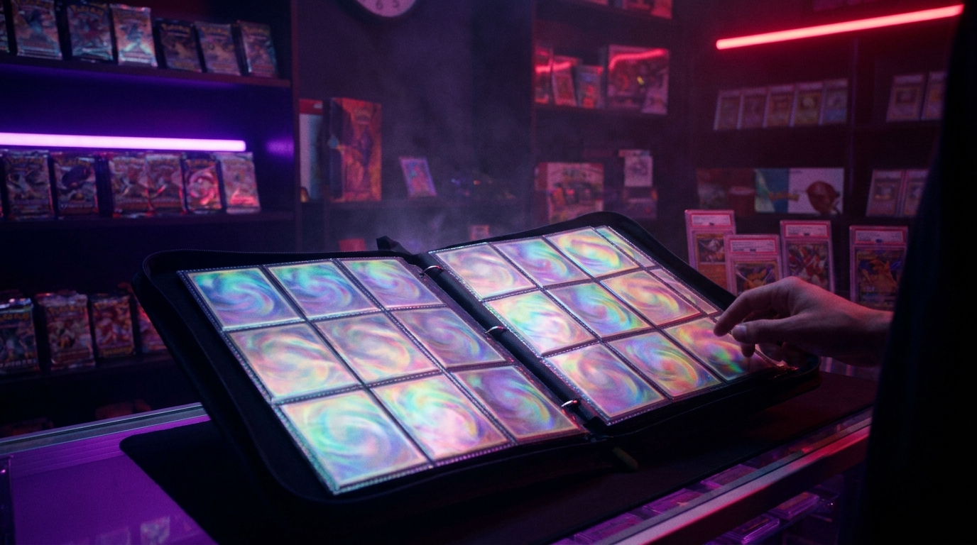Open card binder with sleeved trading cards under moody purple shop lighting