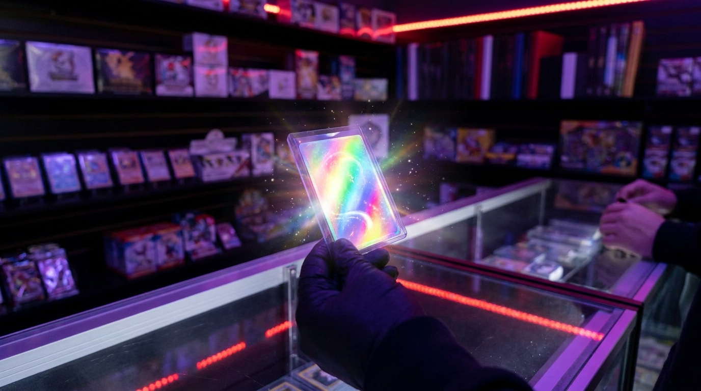 Sealed Pokémon trading card packs displayed under deep purple and magenta neon lighting in a card shop