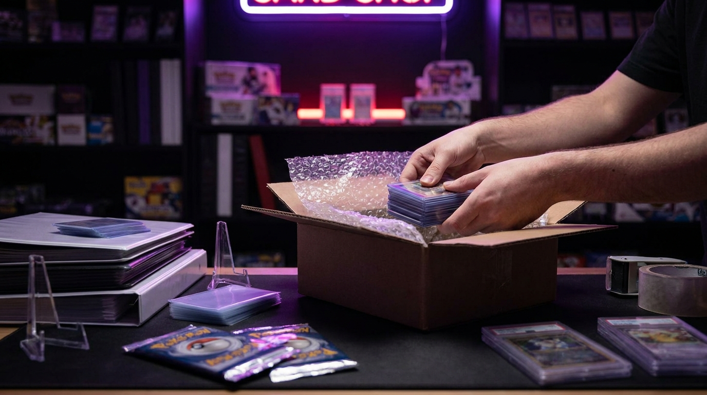 Sealed shipping box with protective packaging materials on a desk in a dimly lit card room