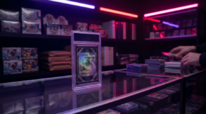 A stack of graded card slabs beside a shipping box under crimson and purple neon light