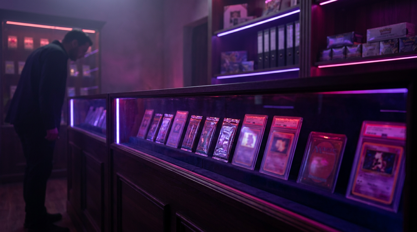 A glass display case containing graded card slabs illuminated by purple accent lighting