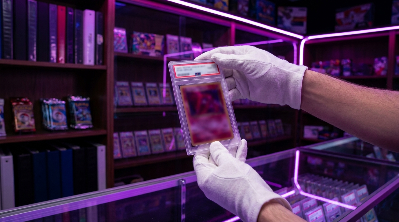 White-gloved hands placing a slabbed trading card into a display frame