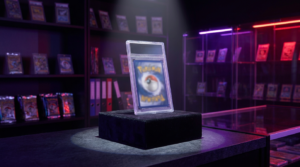 A single trading card displayed in a lit acrylic case in a dark room with crimson neon glow