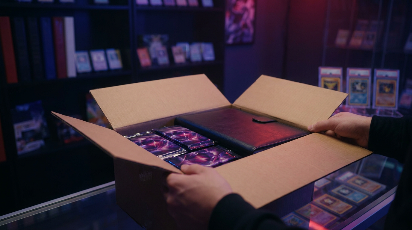 Sealed booster boxes and Elite Trainer Boxes lined up under crimson accent lighting