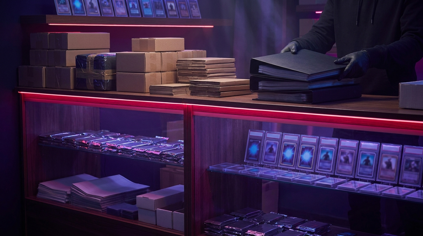 Hands sorting sealed Japanese card packs on a dark counter in moody shop lighting