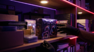 Calendar-style grid of sealed trading card products on a dark surface with purple neon glow