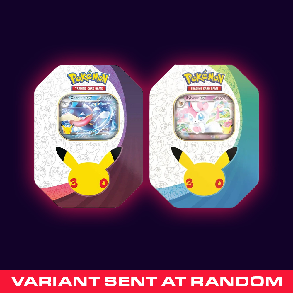 Pokémon TCG 30th Anniversary Tin — Greninja ex and Sylveon ex collectible tins, variant sent at random