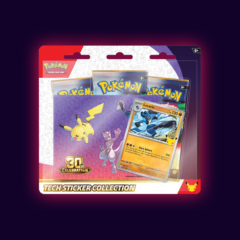 Pokémon TCG 30th Celebration Tech Sticker Collection blister with Lucario promo card, sticker sheet and three booster packs